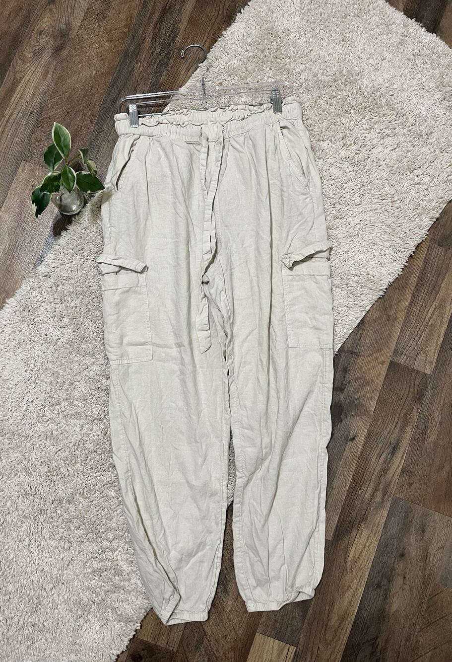 Aerie Medium Beige Paperbag High Waisted Cargo Linen Blend Pull-On Jogger Pants